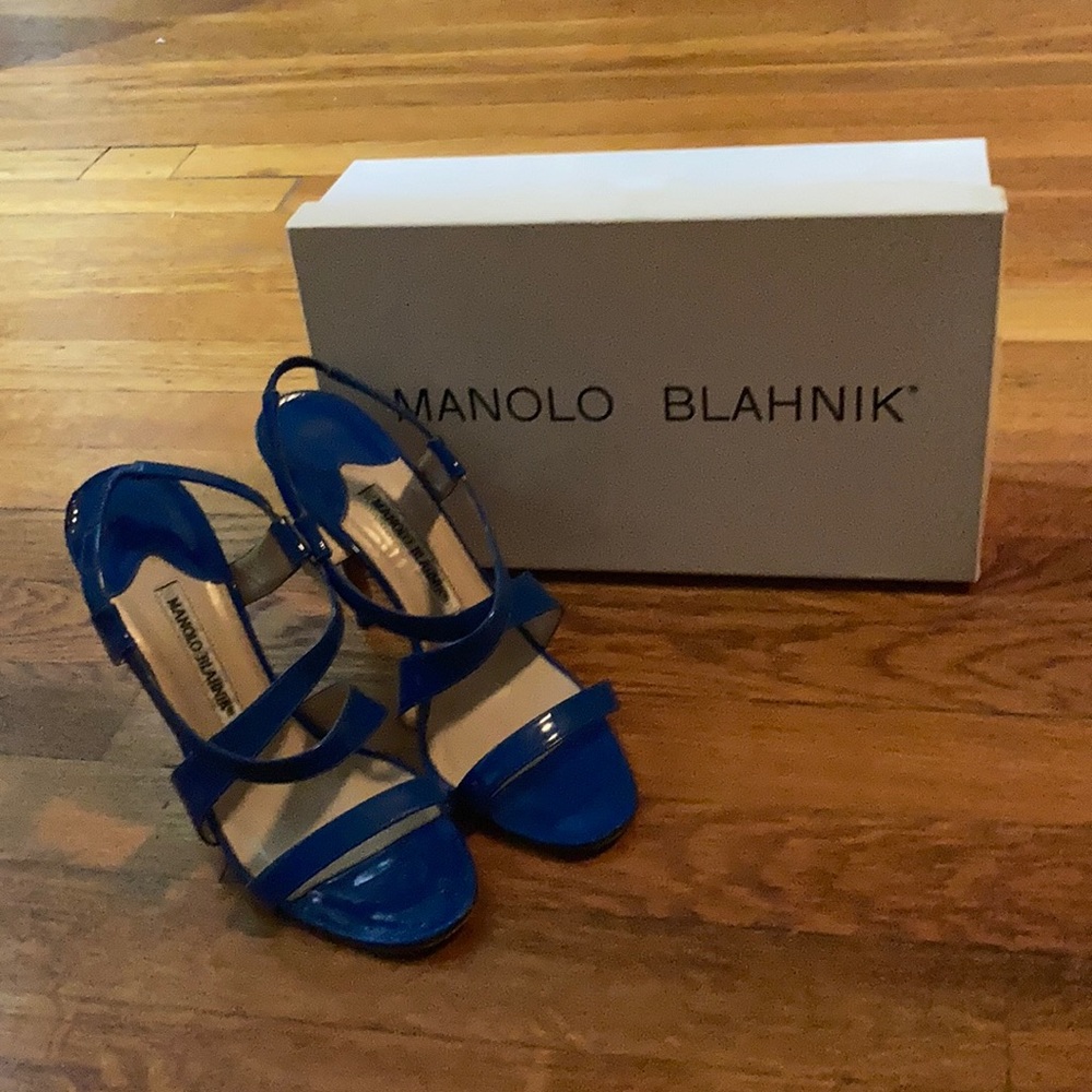 Manolo Blahnik patent blue stiletto strappy heels!